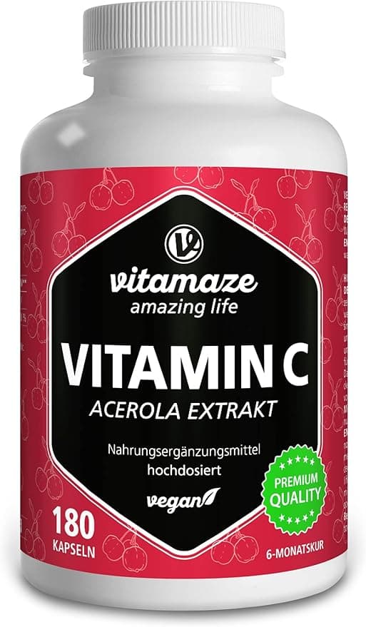 Vitamina C Acerola de Dosis Alta, 160 mg Vitamina C Natural, 660 mg de Extracto de Acerola, Vegano y Óptimamente Biodisponible, 180 Cápsulas para 6 Meses, Suplemento sin Aditivos Innecesarios…