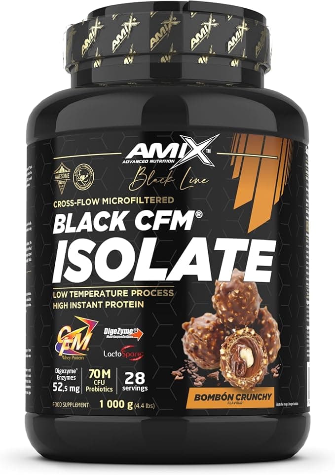 Amix | Proteína BLACK CFM ISOLATE - Ayuda a Mantener la Masa Muscular - Con Enzimas Digestivas - Fácil Digestión - Rápida Absorción - Proteína en Polvo - 1 Kg - Sabor Bombon crujiente