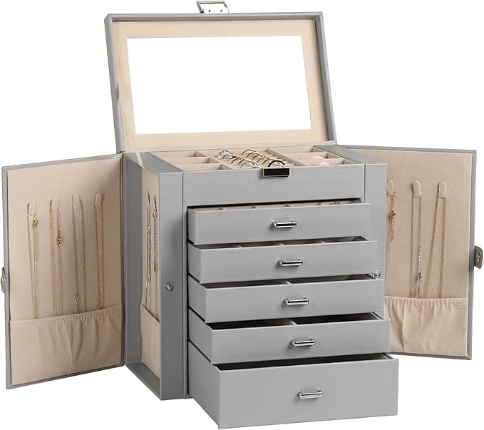 Frebeauty Caja de joyería grande, organizador de joyas de cuero sintético de 6 niveles con cerradura, funda de almacenamiento multifuncional con espejo, soporte de accesorios con 5 cajones para(Gris)