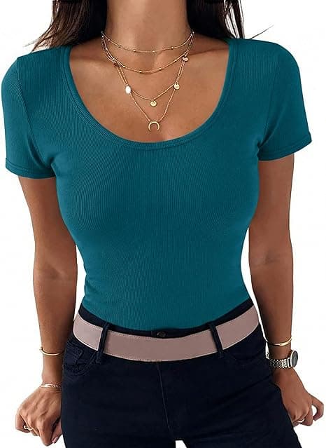 Camisetas Manga Corta Mujer Verano Cuello Redondo T Shirt Básica Acanalado Blusas tee Shirts Elegante Elástico Sólido Ligero Casual Túnica Tops