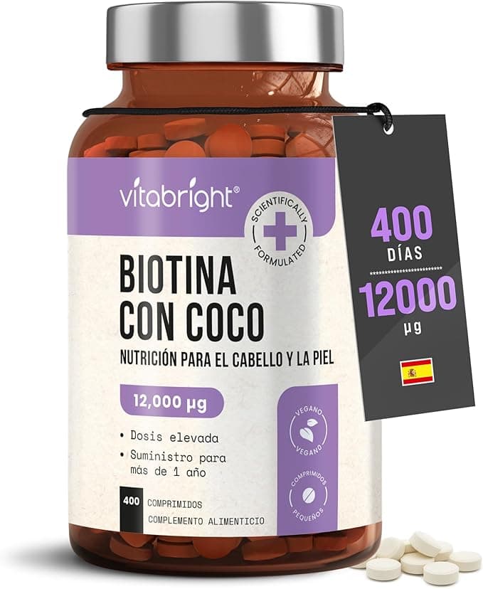 Biotina Para el Cabello, Piel y Uñas Ultra Fuerte 12.000 µg Pastillas | Suministro para 1 Año | Biotina con Coco Anticaida y Crecimiento Cabello Mujer | B7 Vitaminas Para el Pelo | VitaBright Biotin