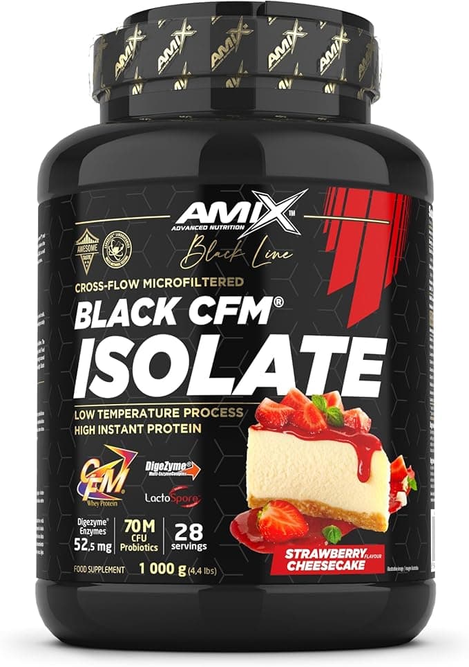 Amix | Proteína BLACK CFM ISOLATE - Ayuda a Mantener la Masa Muscular - Con Enzimas Digestivas - Fácil Digestión - Rápida Absorción - Proteína en Polvo - 1 Kg - Sabor Fresa-tarta de queso