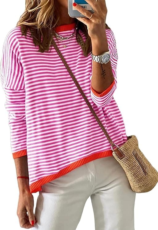 Jersey para Mujer A Rayas Sudadera Mujer Manga Larga Cuello Redondo AlgodóN Tops AlgodóN Casual Punto Jersey Mujer, Beigerrot