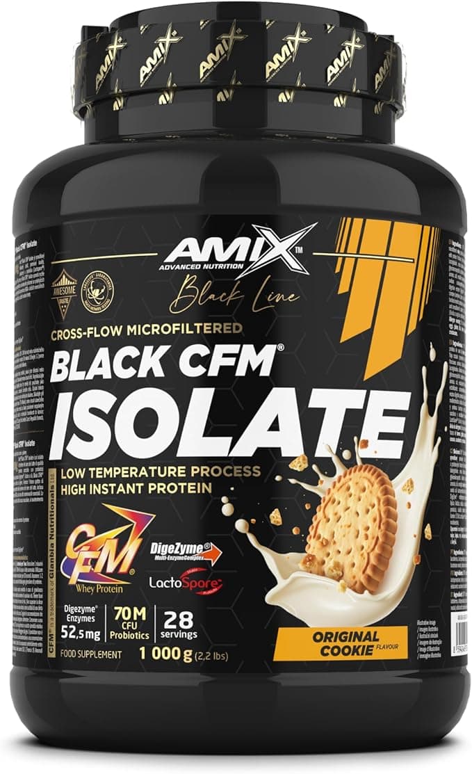 Amix | Proteína BLACK CFM ISOLATE - Ayuda a Mantener la Masa Muscular - Con Enzimas Digestivas - Fácil Digestión - Rápida Absorción - Proteína en Polvo - 1 Kg - Sabor Cookie