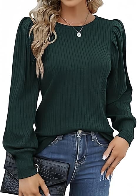 Hotouch Top para Mujer Elegante Jersey de Cuello Redondo y Manga Abullonada Blusa Casual de Manga Larga Ligera Tops Otoño Invierno