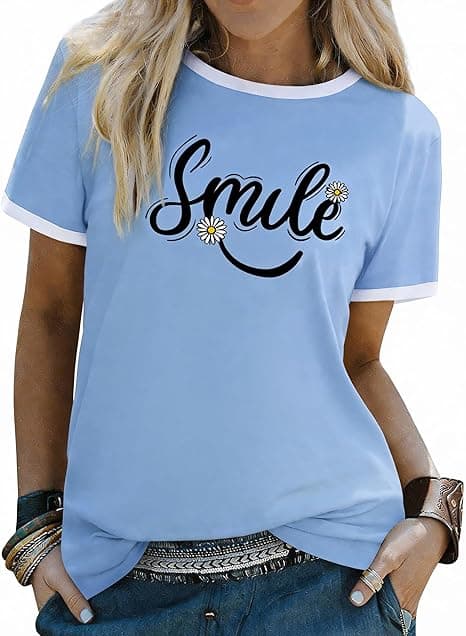 Camisetas Mujer Manga Corta Top Verano con Estampado Sonrisa Flor Margarita Cuello Redondo Blusa Casual Suelta Básica