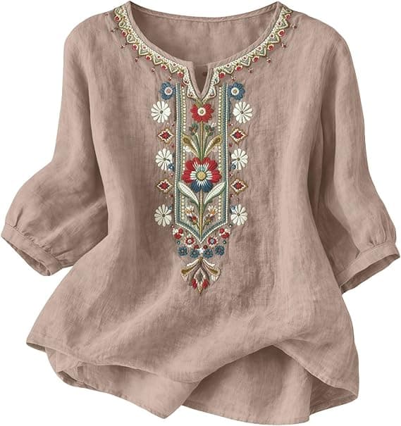 riou Camisas Mujer Manga 3/4 Algodón y Lino Primavera Cuello en V Casual T-Shirt Vintage Bordado Camiseta de Mujer Moda Casual Elegante Suelto Fiesta Tops T-Shirt Original Oficina Negocios