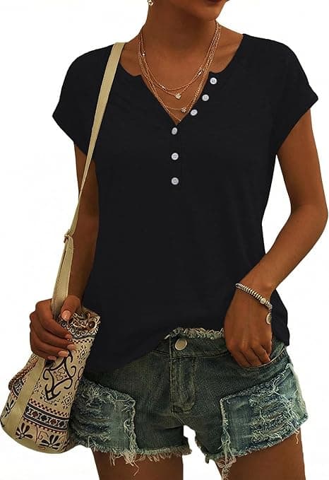 Camiseta Mujer Manga Corta con Escote en V y Botones Elegante Básico Top T-Shirt Camiseta Básica Mujer Cómoda y Ligera