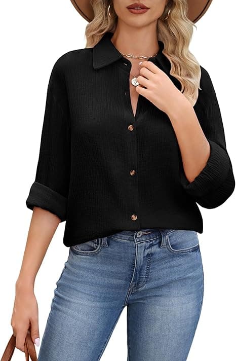 CMTOP Camisa Mujer Oversize Blusas Manga Larga Cuello en V Elegantes Camiseta con Botón Otoño Primavera Algodón Casual Suelta T Shirts