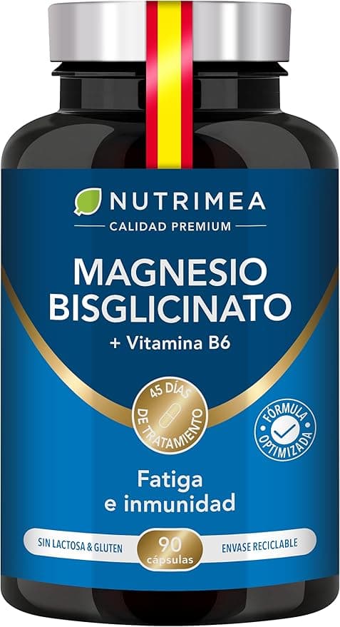 Magnesio Bisglicinato + Vitamina B6 Activa - Máxima Absorción y Tolerancia - Estrés, Fatiga y Calambres - Apoyo Muscular y Nervioso - Vegano, Sin Gluten ni Lactosa - 90 Cápsulas - Nutrimea