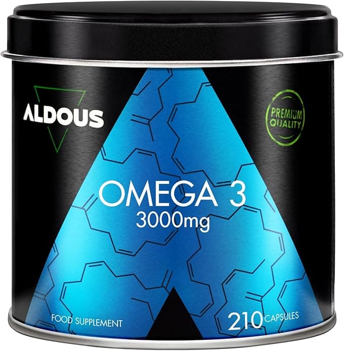 Omega 3 capsulas - 3000mg dosis diaria - 210 cápsulas - Omega 3 EPA y DHA - Aceite de Pescado - Vitamina E, Ácidos grasos - Colesterol, Visión, Cerebro - Más de 2 meses - ALDOUS