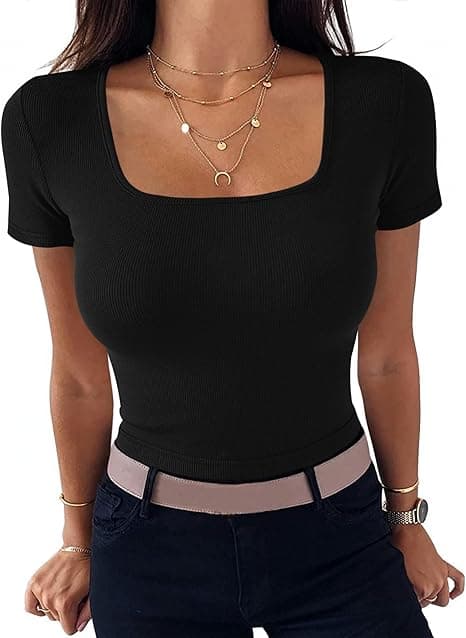 Camiseta Básica Mujer Verano Manga Corta Top Cuello Cuadrado T-Shirt Elegante de Punto Elástico Sólido Ligero Casual Túnica Camisetas