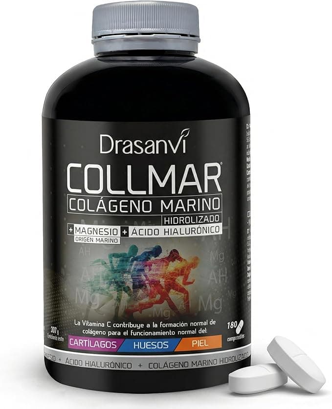 Drasanvi COLLMAR Colágeno Marino Hidrolizado con Ácido Hialurónico, Magnesio, Vitamina C natural | para cartílagos, huesos y piel | Alta dosis 3.900 mg/día | 180 comp = 30 días | Sabor vainilla