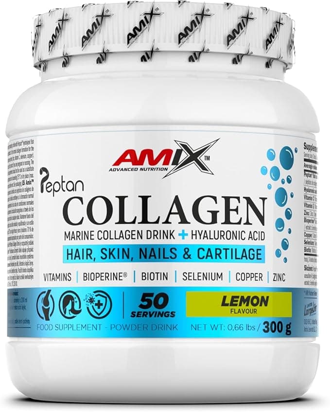 Amix™ Marine Peptan®Collagen Drink - Colágeno Marino Peptan® con Ácido Hialurónico, Vitaminas C y E, Zinc, Selenio y Biotin - Complemento alimenticio - Polvo - 300 g - Sabor: Limón