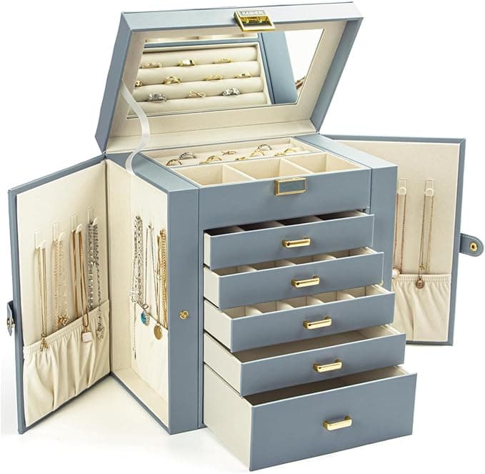 KAMIER Joyero para mujer, organizador de joyas grande de 6 capas con espejo y 5 cajones para anillos, aretes, collares, pulseras, Azul grisáceo, Regalo para mujer Caja de joyería