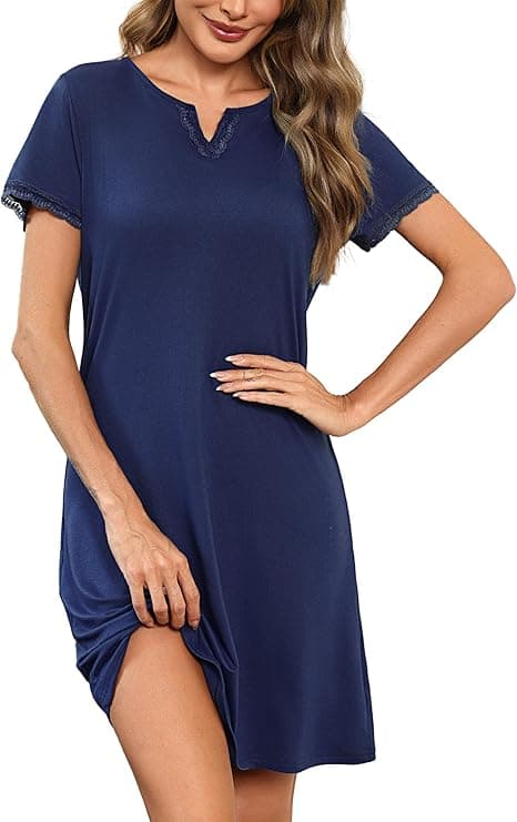 Litherday Camisón Mujer Verano Manga Corta Cuello en V con Encaje Suave y Transpirable Pijama Camisón Cómodo para Dormir y Casa S-XXL
