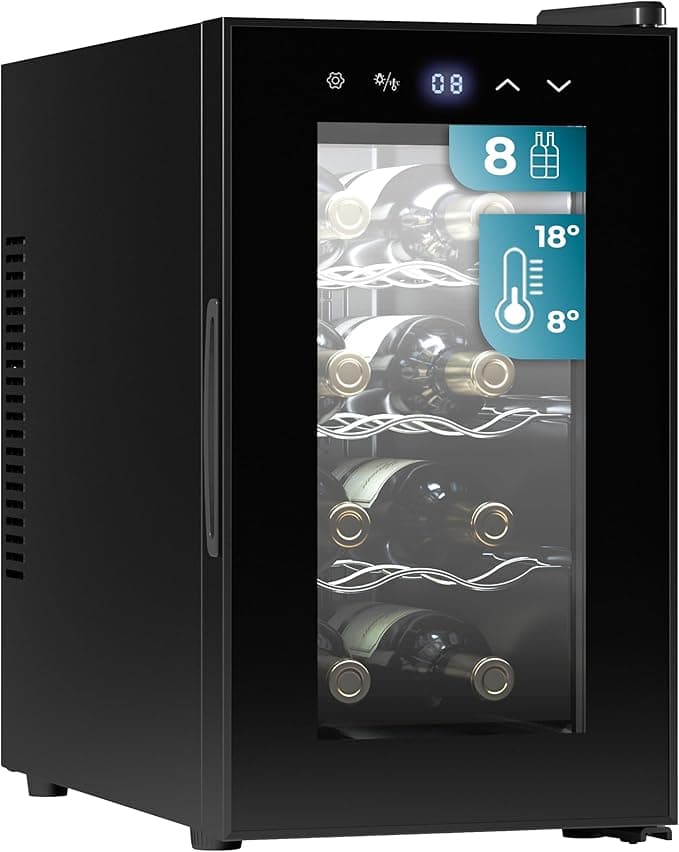 Cecotec Vinoteca 8 Botellas Bolero Grandsommelier 830 coolcrystal, Enfriamiento termoeléctrico, Temperatura regulable entre 8-18ºC, Control táctil y display, LED interior, Gas no nocivo.