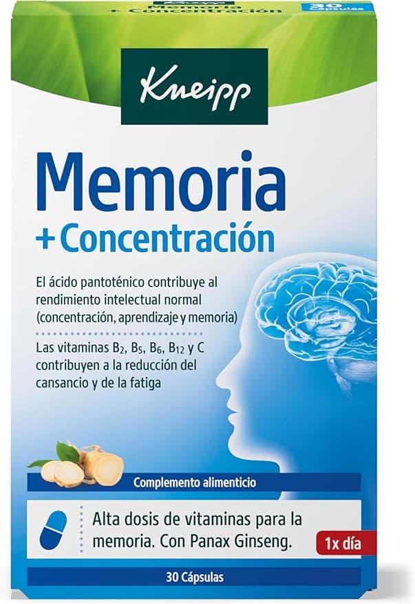 Kneipp Memoria Y Concentracion, Vitaminas para Reducir la Fatiga y el Cansancio, Ideal para situaciones de Estrés o Estudio, Vitaminas B1, B2, B5, B6, B12, C y Ginseng, 30 Cápsulas