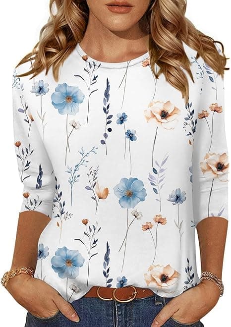Zeagoo Camiseta de Mujer Blusa de Manga 3/4 Tops básica con Cuello Redondo Casual Trabajo Primavera Verano S-3XL