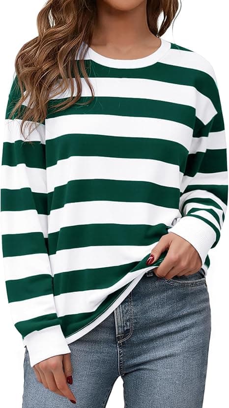 Sudadera Mujer A Rayas Algodón Camiseta Manga Larga con Cuello Redondo Tops Oversize Casual Básica Sweatshirts sin Capucha Otoño Invierno