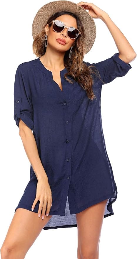 Ekouaer Vestido de Playa para Mujer Camisas Plage Cuello en V y Manga 3/4 Sexy Bikini Cover up Verano con Bolsillos y Botones, S-3XL