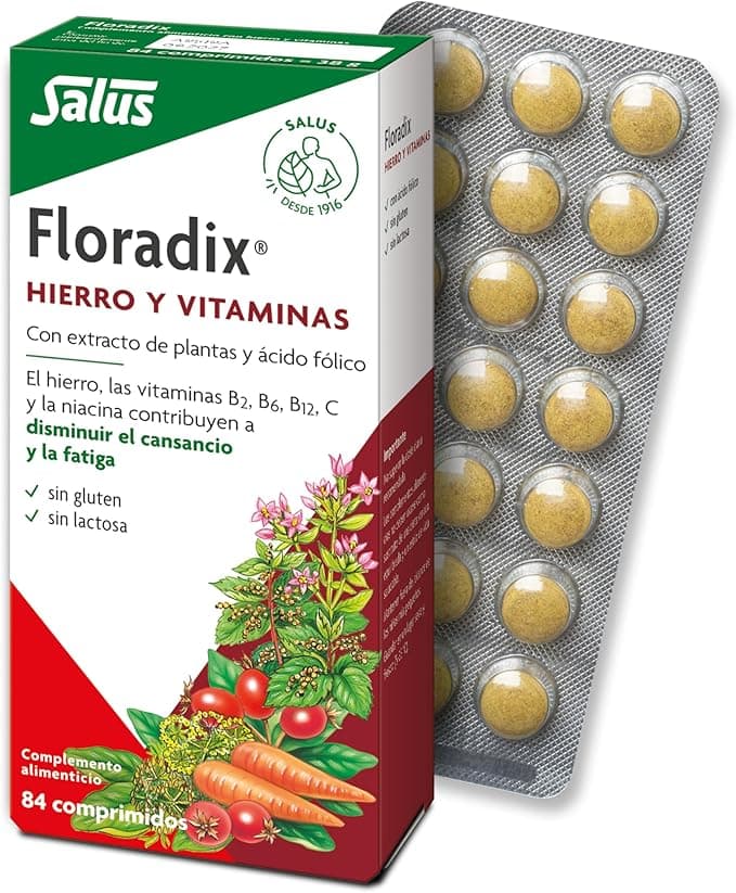 Salus - Floradix Suplemento de Hierro Orgánico - Reduce el Cansancio y la Fatiga, con Ácido Fólico y Vitaminas B1, B2, B5, B12 y C - 84 Comprimidos