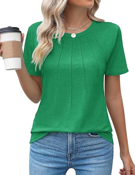Zeagoo Camiseta Mujer Manga Corta Cuello Redondo Blusas Verano Camisa Elegantes Pliegue Tops Suelto Básica T Shirt Rey Azul S