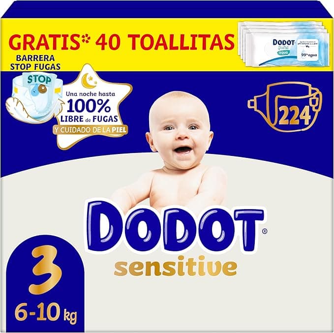 Dodot Pañales Bebé Sensitive, Talla 3 (6-10 kg), 224 Pañales + 1 Pack de 40 Toallitas Regalo de Aqua Plastic Free, Nº1 en Protección de la Piel deDodot, Pack Mensual