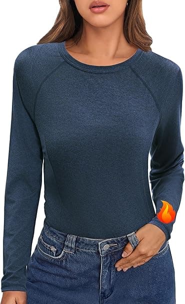 Camiseta Termica Mujer Manga Larga Ropa Interior Elástica y Transpirable Camisetas Térmica Cuello Redondo Tops para Running Fitness Esquí