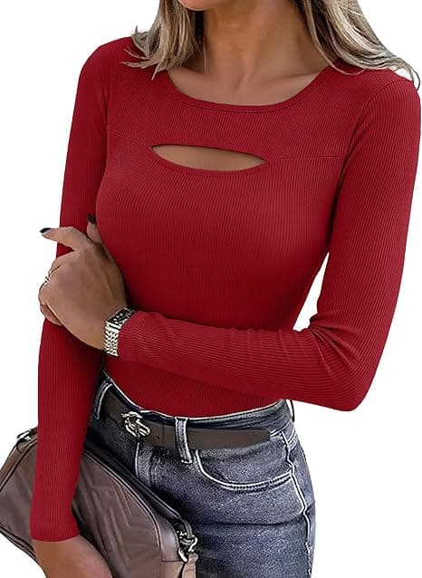 Camiseta Manga Larga Mujer Cuello Redondo Básica Top Escote Recortado Sexy Punto Acanalado Camisas Elegant Ajustada Elástica Ligera Otoño Casual Interior Túnica