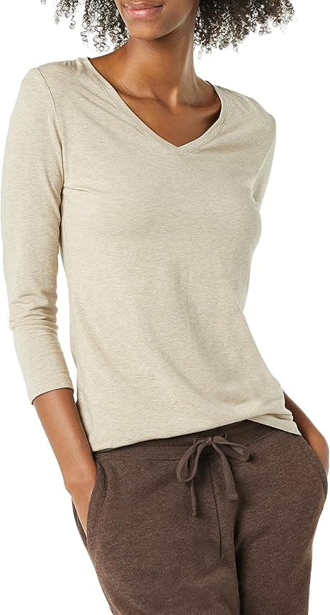Amazon Essentials Mujer Camiseta con Cuello en V y Manga 3/4 de Corte Estándar (Disponible en Tallas Grandes)