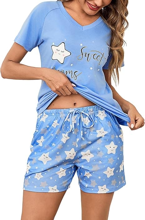 Litherday Pijama Mujer Verano Algodón Manga Corta Cuello en V Conjunto de Pijamas Cómodo y Transpirable con Pantalones Cortos y Bolsillos S-XXL