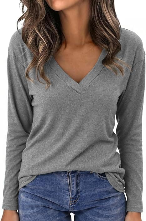 Camiseta Manga Larga Mujer Básica Top Cuello en V Elegante Blusa Camisas Algodón Suelta Trabajo Informal Pullover tee Shirts para Primavera Otoño Invierno
