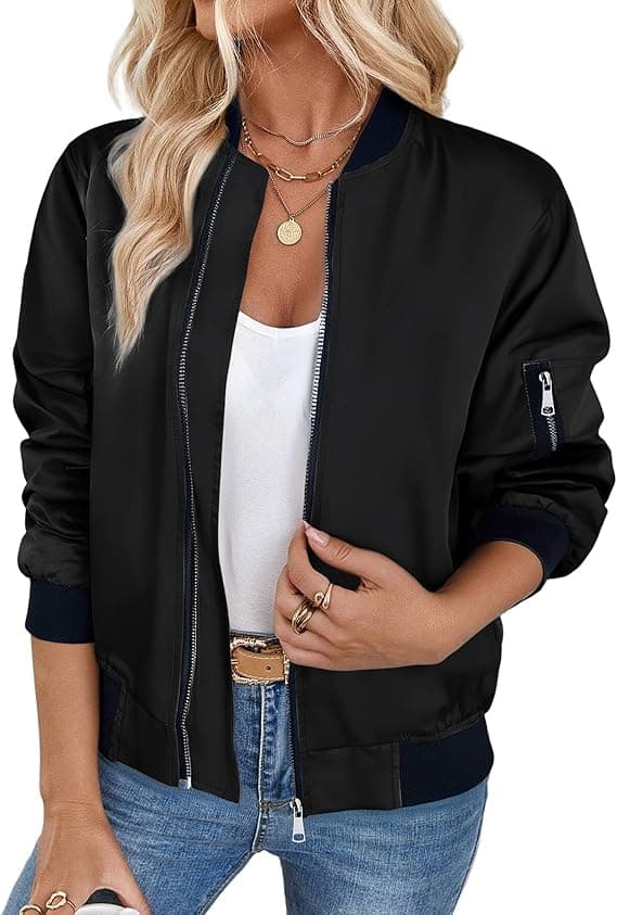 Zeagoo Chaqueta para Mujer Bomber Ligera Corto otoño Invierno Manga Larga cremalleras Cazadora Moda casual Abrigo XS-3XL