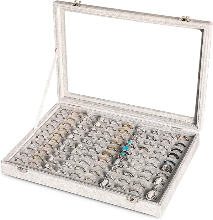 Frebeauty Bandeja organizadora de anillos con 100 ranuras para anillo con tapa transparente, caja de almacenamiento de anillo de terciopelo, bandeja de anillo caja de anillo para mostrar joyas(Gris)