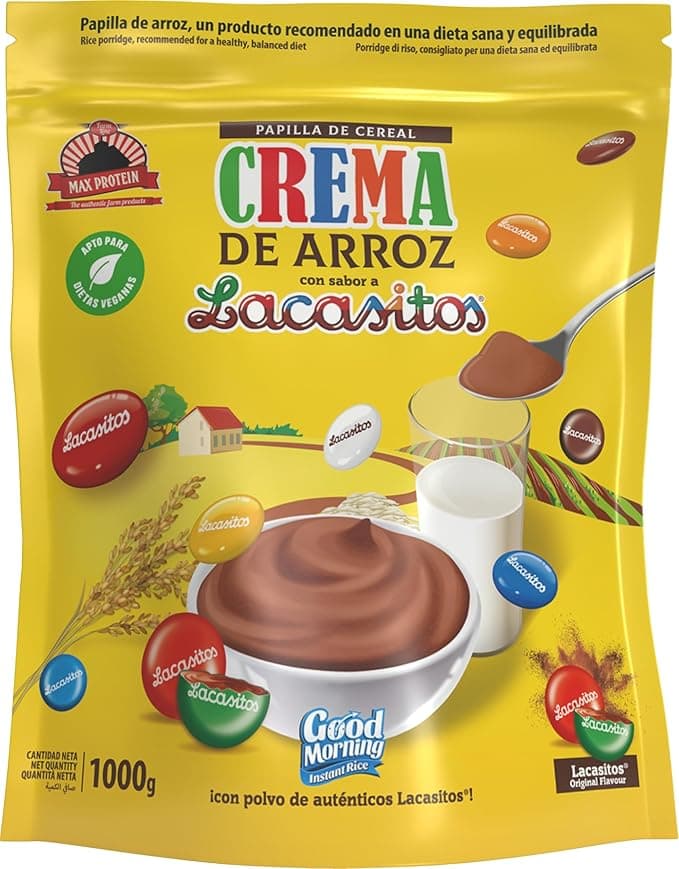 MAX PROTEIN - Crema de Arroz - Crema de Arroz Fitness 1000g – Fuente de Carbohidratos de Máxima Calidad para Masa Muscular – Ideal Pre Entreno y Post Entreno – Vegana y Sin Lactosa – Lacasitos