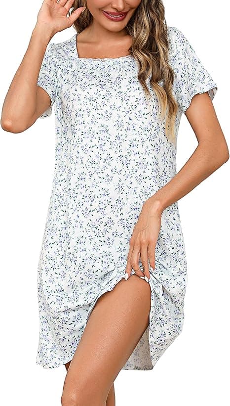 Litherday Camisón Mujer Manga Corta Camisones de Mujer Algodón Camisón De Encaje Ropa de Dormir Vestido Mujer Suelto Cómodo S-XXL