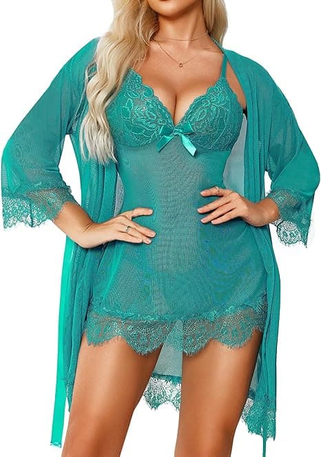 RSLOVE - Babydoll sexy para mujer, vestido de noche, lencería con G-String, conjunto de lencería de encaje femenino, 3 piezas