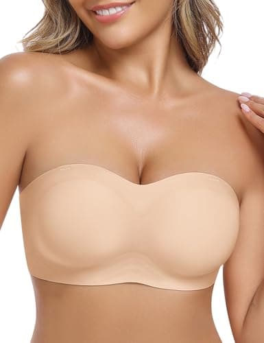 UMIPUBO Sujetador Sin Tirantes Mujer Sin Aros Push Up Invisible Sin Costuras Multiposicion Ajustables Bandeau Top con Relleno y Transparente Extraíbles Tirantes Antideslizante (Piel, S)