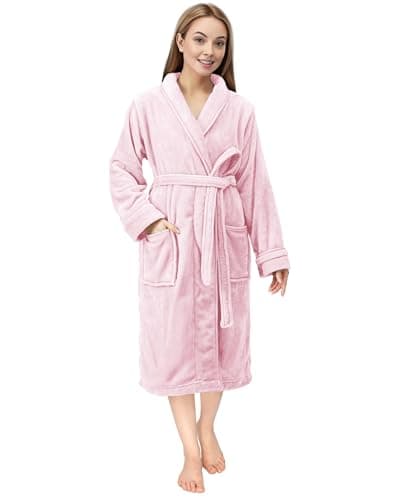 NY Threads Bata con cuello chal para mujer, ropa de dormir suave y acogedora, Grande, Rosa Claro
