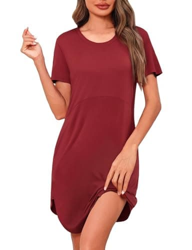 Crewhpo Camisones de Mujer Verano Manga Corta Cuello Redondo Camisón Color Sólido Vestido Elegante Suelto y Respirable S-3XL