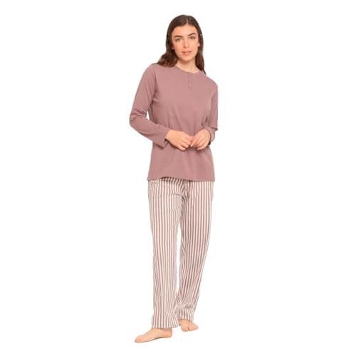 TRAMAS+ Pijama Mujer 100% algodón, Pijama Largo Mujer, Conjunto de Camiseta Manga Larga y Pantalón Largo con Cintura Ajustable - S, Raya Kodac Berenjena Seco