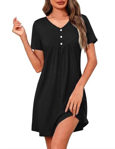 Crewhpo Camisón de Mujer Manga Corta Casual Camisones Cuello en V Ropa de Dormir Verano Vestido Elegante S-3XL