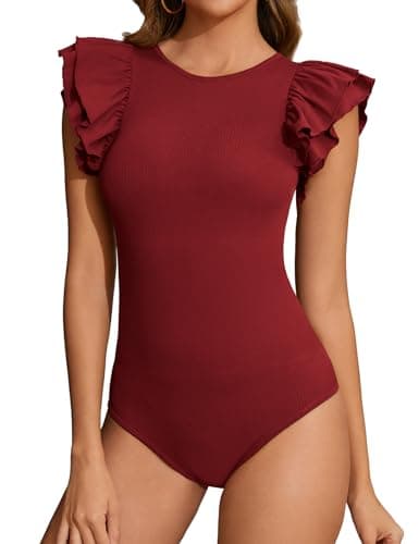 Tuopuda Mujer Bodies Moldeadores Reductora Shapewear Elegante Mono de Manga con Volantes Bodysuit Ribbed Elástico Fajas Reductoras Control de Abdomen lnvisible Posparto Body Reductor(Rojo,L)