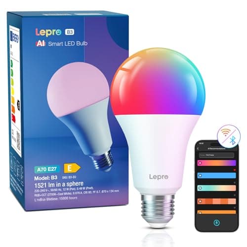 Lepro B3 AI Bombilla Inteligente Alexa, LED E27 12W RGB Regulable Bombillas, Wi-Fi Control de Voz y Sync de Música, Diseñador de Iluminación AI Personalizado, Funciona con Alexa, Google Home, 1Pcs